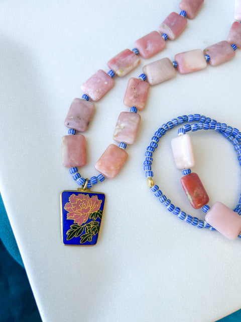 Pink Opal, Tradebeads and Vintage Pendant with Gold Filled Clasp and Stretchy Bracelet Duo