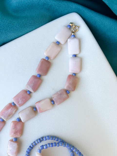 Pink Opal, Tradebeads and Vintage Pendant with Gold Filled Clasp and Stretchy Bracelet Duo