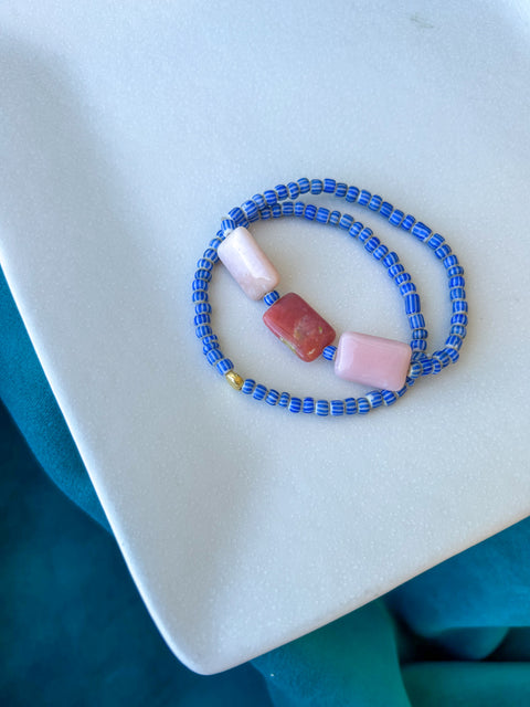 Pink Opal, Tradebeads and Vintage Pendant with Gold Filled Clasp and Stretchy Bracelet Duo