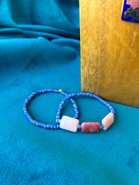 Pink Opal, Tradebeads and Vintage Pendant with Gold Filled Clasp and Stretchy Bracelet Duo