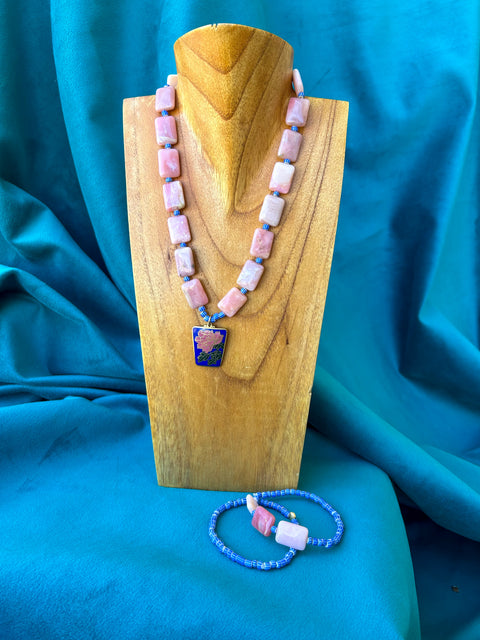 Pink Opal, Tradebeads and Vintage Pendant with Gold Filled Clasp and Stretchy Bracelet Duo