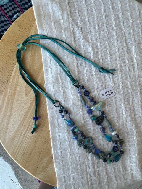 Czech Glass and Leather Necklace in Bkue