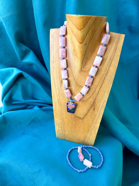 Pink Opal, Tradebeads and Vintage Pendant with Gold Filled Clasp and Stretchy Bracelet Duo