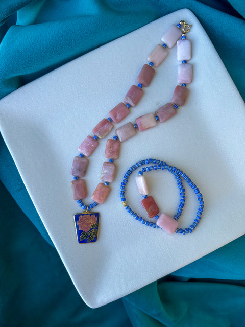 Pink Opal, Tradebeads and Vintage Pendant with Gold Filled Clasp and Stretchy Bracelet Duo